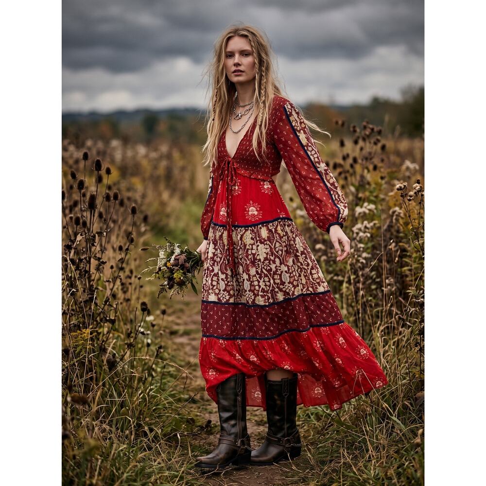 Free People Bohemian Gypsy Witchy Bali Laurel Maxi Dress Medium Patchwork 70s - Picture 2 of 14